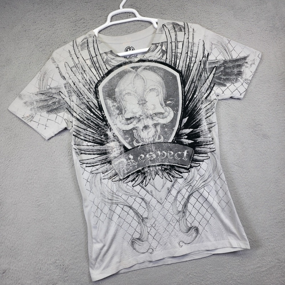 Y2K Hybrid Tee Mens M Gray Skull Angel Wings Tattoo Rock Punk Biker Grunge Shirt